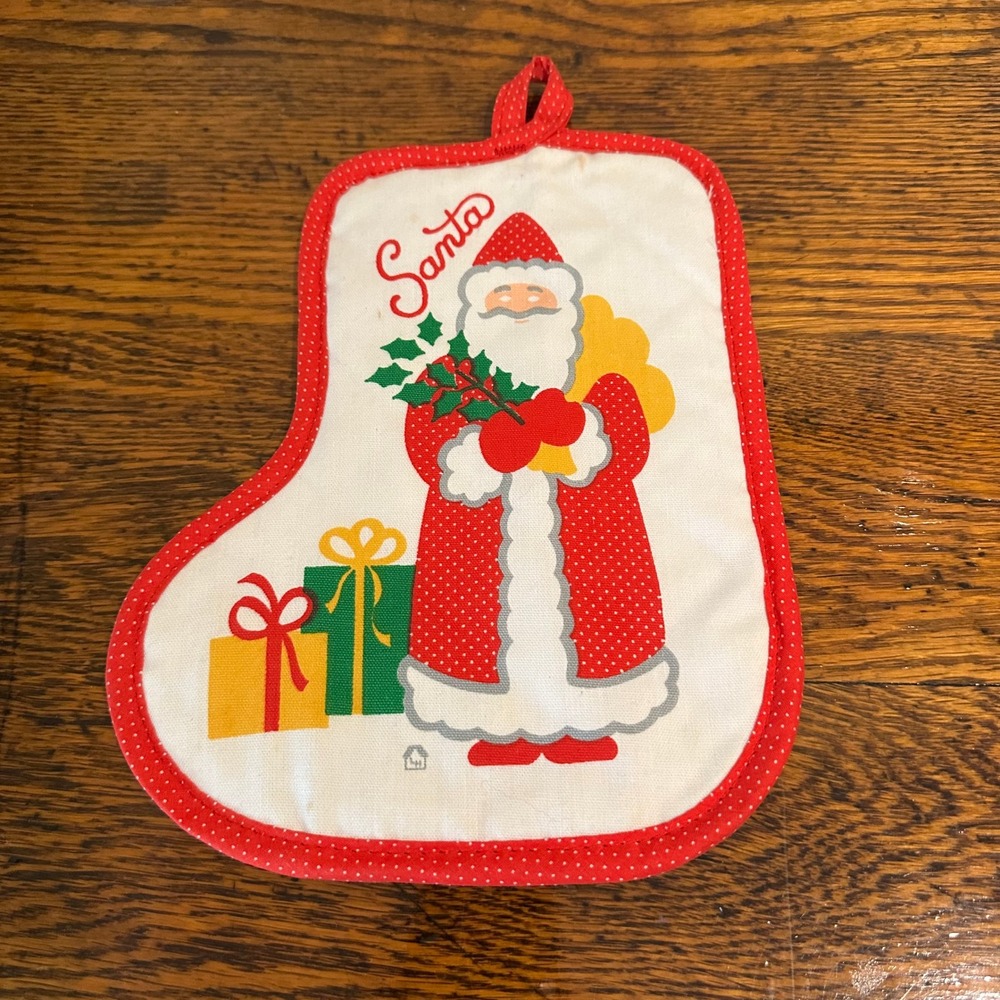 Vintage Santa Claus Stocking‎ Shaped Potholder Red Polka Dot Christmas Decor